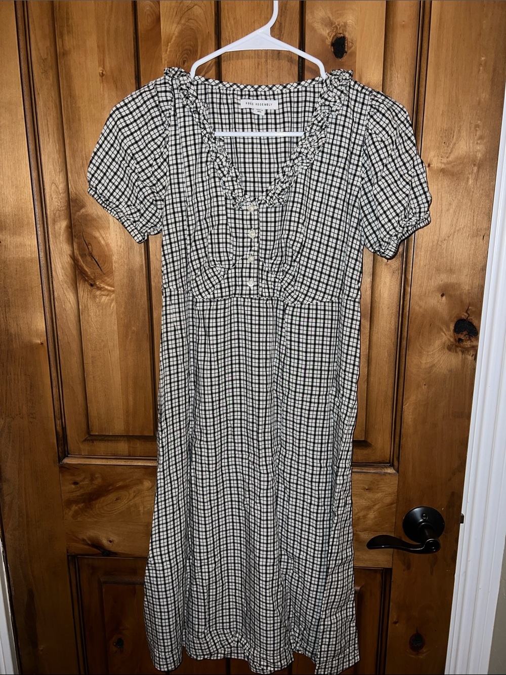 Gingham Square-Neck Midi Dress in Black and White